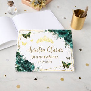 QUINCEAÑERA Emerald Green Floral Roses Butterflies Guest Book