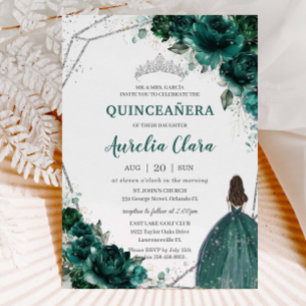 Quinceañera Emerald Green Floral Silver Princess Invitation