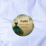 Quinceanera emerald green gold dress 2 inch round button<br><div class="desc">For an elegant Quinceañera,  15th birthday.  A faux gold looking background. Decorated with an emerald green dress and green confetti. Personalize and add a name and a date.</div>