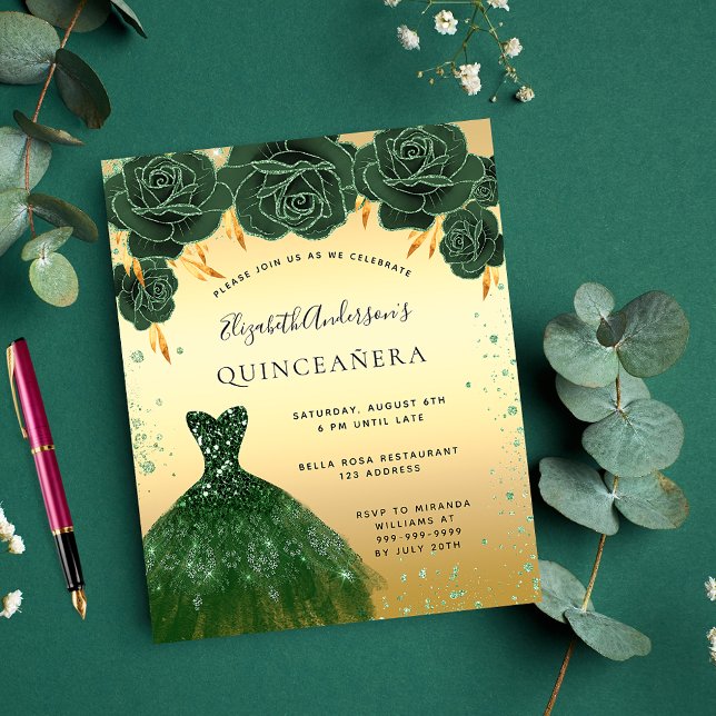 Quinceanera emerald green gold dress floral budget flyer (Creator Uploaded)