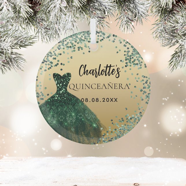 Quinceanera emerald green gold dress glass ornament (Creator Uploaded)