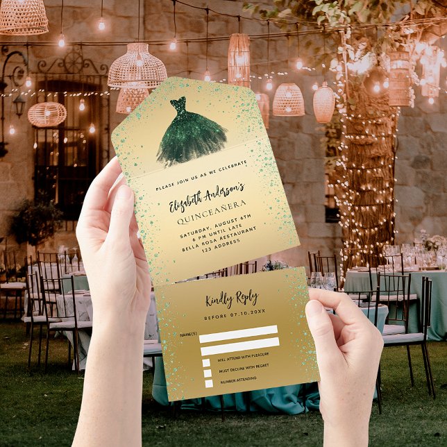 Quinceanera emerald green gold dress glitter RSVP All In One Invitation (Creator Uploaded)