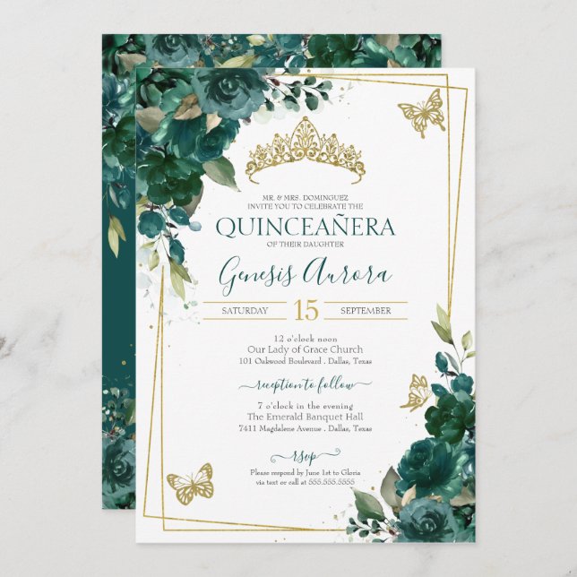 Quinceañera Emerald Green Gold Floral Butterfly Invitation (Front/Back)