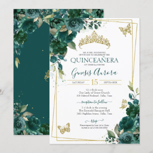 Quinceañera Emerald Green Gold Floral Butterfly Invitation