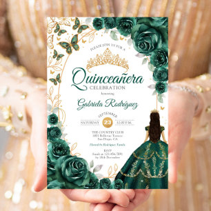Quinceanera Emerald Green Gold Floral Invitation