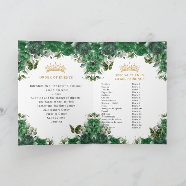 Quinceañera Emerald Green Padrinos Events Program (Inside)