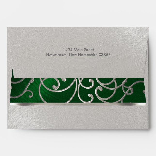 Quinceanera Emerald Green Silver Filigree Swirls Envelope (Back (Top Flap))