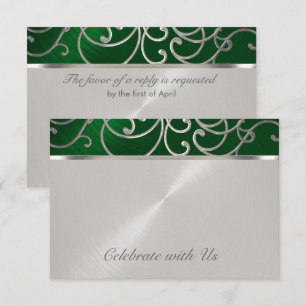 Quinceanera Emerald Green Silver Filigree Swirls Invitation
