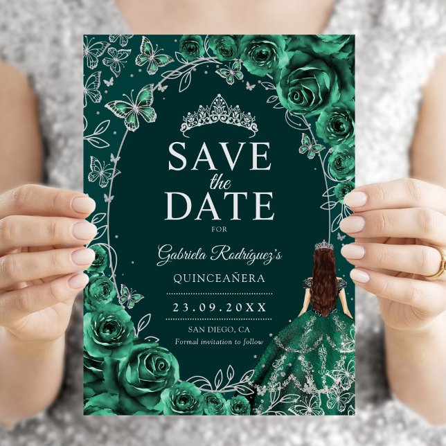 Quinceanera Emerald Green Silver Save The Date (Creator Uploaded)