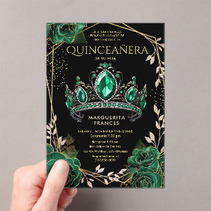 Quinceañera Emerald Green Tiara Black Spanish Acrylic Invitations