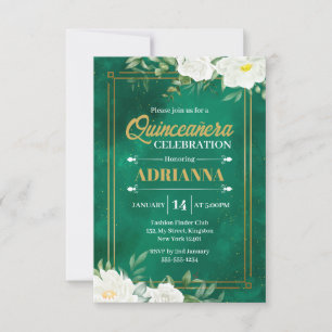 Quinceanera Emerald Green Watercolor White Floral Invitation
