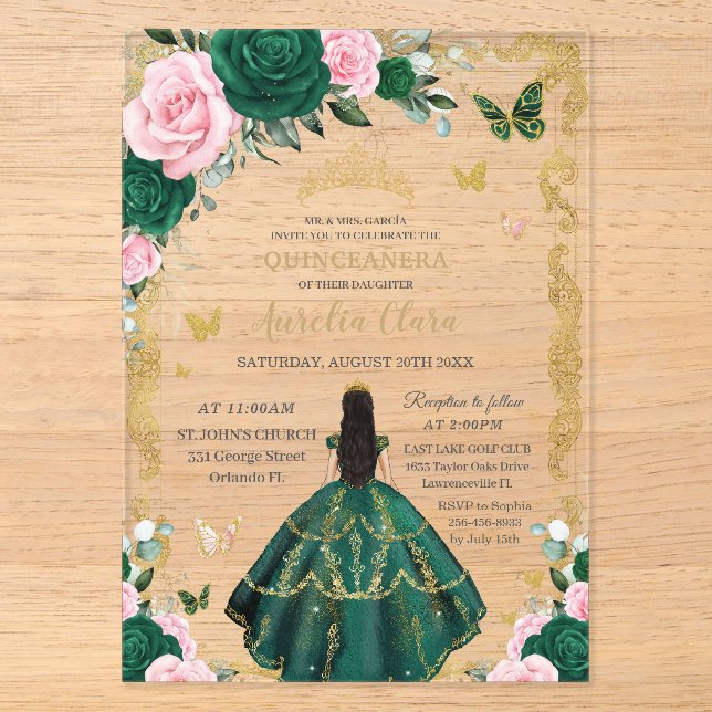 Quinceañera Emerald Pink Floral Black Hair Gold Acrylic Invitations (Front)