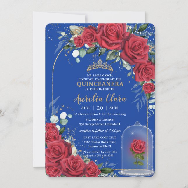 Quinceañera Enchanted Red Rose Floral Royal Blue Invitation (Front)