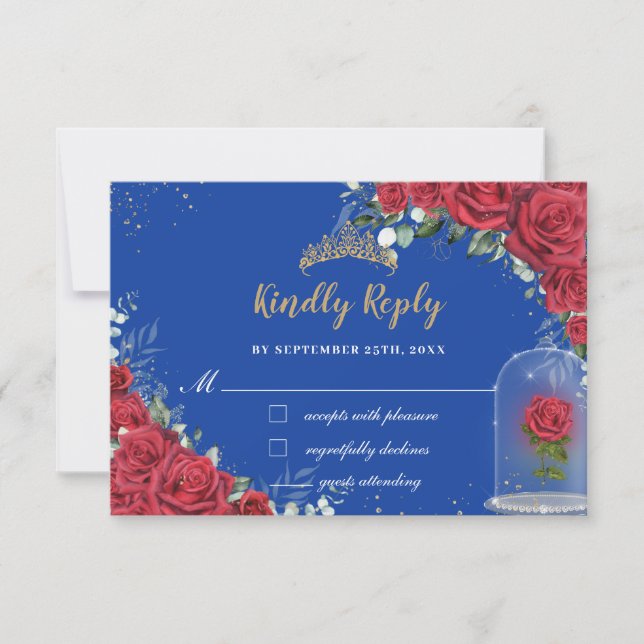 Quinceañera Enchanted Red Rose Floral Royal Blue RSVP Card (Front)