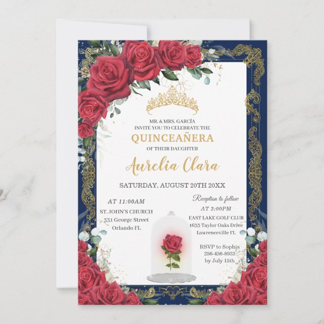 Quinceañera Enchanted Red Rose Navy Blue Gold Invitation (Front)