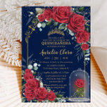 Quinceañera Enchanted Red Roses Floral Navy Blue Invitation<br><div class="desc">Personalize this lovely enchanted rose floral invitation easily and quickly, simply press the Edit Using Design Tools button to further re-arrange and format the style and placement of the text. Featuring stunning vibrant red roses and a red rose in a cloche, set against a navy blue background with elegant gold...</div>