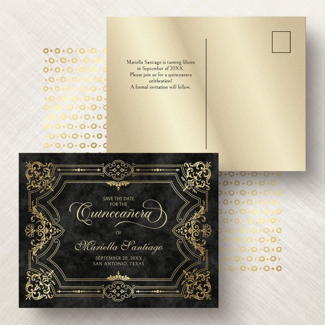 Quinceanera Enregistrer la date Carte postale noir (Créateur téléchargé)