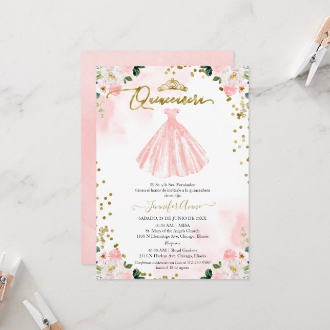 Quinceanera espagnole Invitation Blush Floral Robe (Devant/Arrière en situation)