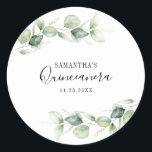 Quinceanera Eucalyptus 15th Birthday Greenery Classic Round Sticker<br><div class="desc">TIP: Matching items available in this collection. Our botanical eucalyptus birthday collection features watercolor foliage and modern typography in dark grey text. Use the "Customize it" button to further re-arrange and format the style and placement of text. Could easily be repurpose for other special events like anniversaries, baby shower, birthday...</div>