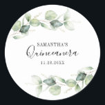 Quinceanera Eucalyptus 15th Birthday Greenery Classic Round Sticker<br><div class="desc">TIP: Matching items available in this collection. Our botanical eucalyptus birthday collection features watercolor foliage and modern typography in dark grey text. Use the "Customize it" button to further re-arrange and format the style and placement of text. Could easily be repurpose for other special events like anniversaries, baby shower, birthday...</div>