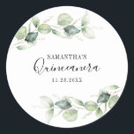 Quinceanera Eucalyptus 15th Birthday Greenery Classic Round Sticker<br><div class="desc">TIP: Matching items available in this collection. Our botanical eucalyptus birthday collection features watercolor foliage and modern typography in dark grey text. Use the "Customize it" button to further re-arrange and format the style and placement of text. Could easily be repurpose for other special events like anniversaries, baby shower, birthday...</div>