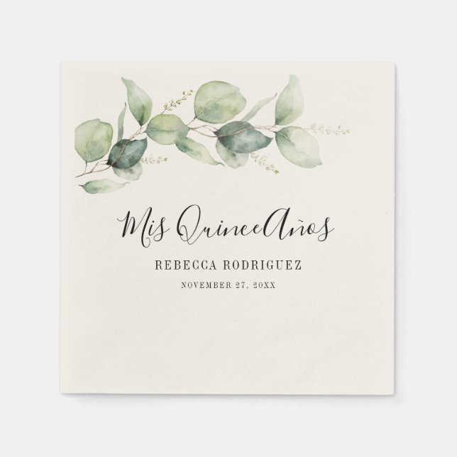 Quinceanera Eucalyptus Greenery 15th Birthday Napkin (Front)