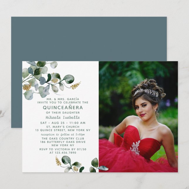Quinceañera Eucalyptus Greenery Floral Photo Invitation (Front/Back)