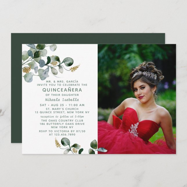 Quinceañera Eucalyptus Greenery Floral Photo Invitation (Front/Back)