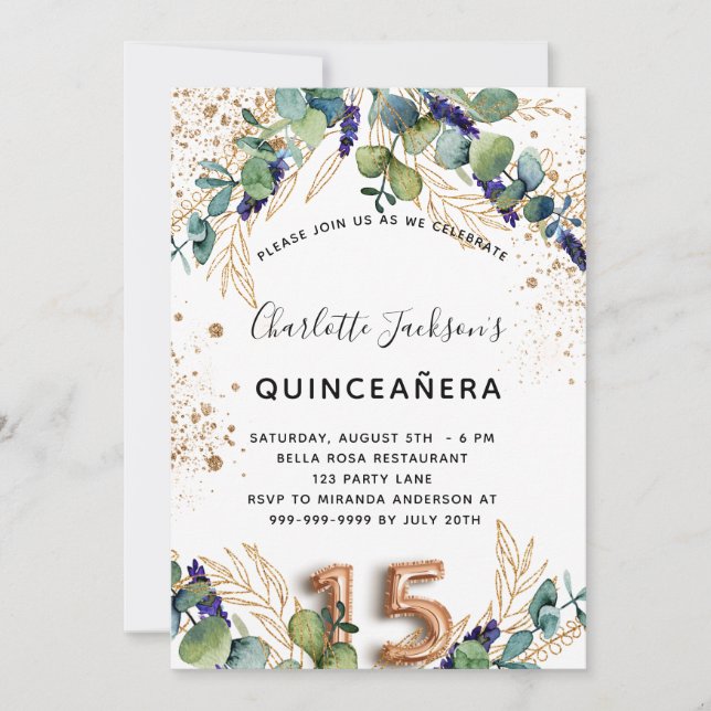Quinceanera eucalyptus greenery glitter elegant invitation (Front)