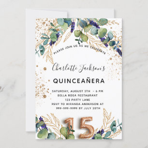 Quinceanera eucalyptus greenery glitter elegant invitation