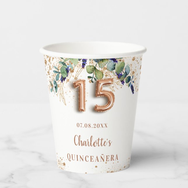 Quinceanera eucalyptus greenery rose gold name paper cups (Front)