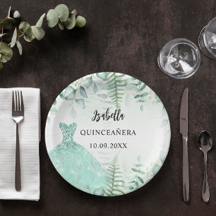 Quinceanera eucalyptus greenry woodland paper plate