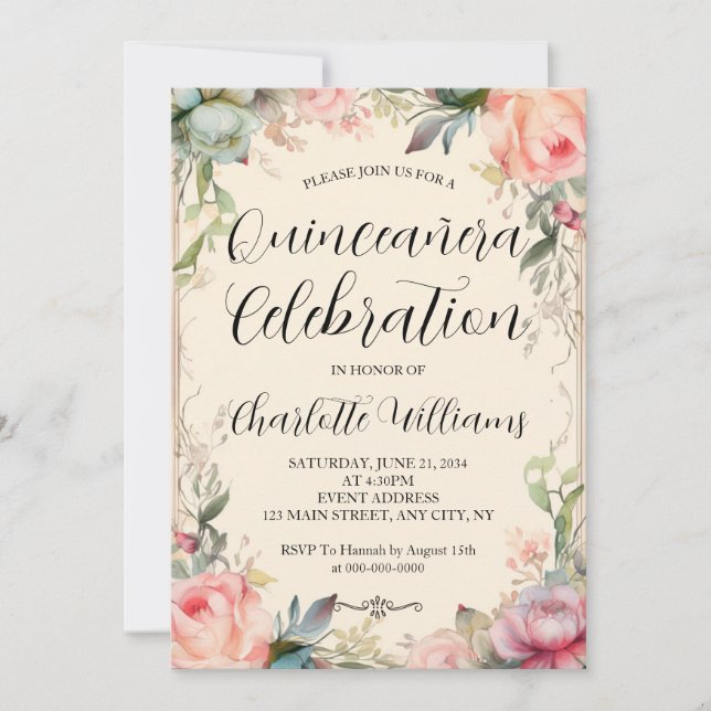 Quinceañera Fairytale Floral 15th Birthday Invitation (Front)