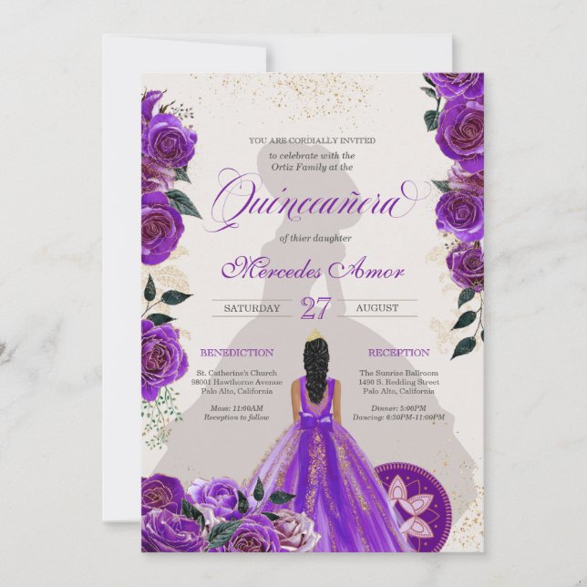 Quinceanera Fancy Purple Floral Western Charro  Invitation (Front)