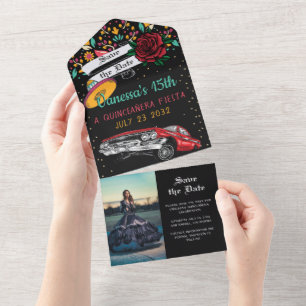 Quinceañera fiesta Floral lowrider save the date All In One Invitation
