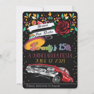 Quinceanera fiesta floral w/ lowrider & red rose invitation