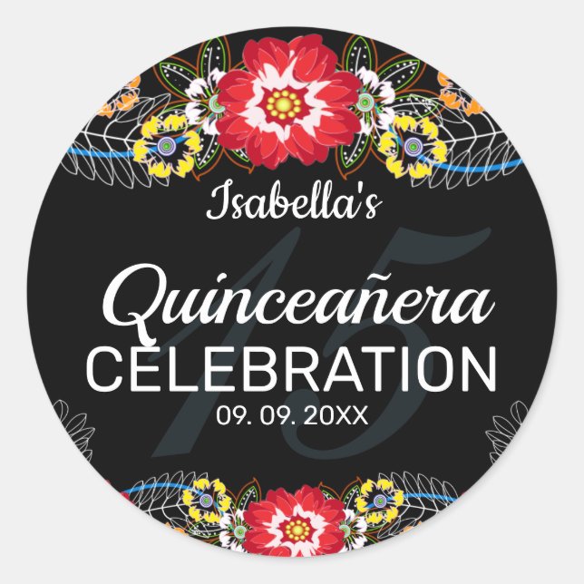 Quinceañera Fiesta Folk Art Classic Round Sticker (Front)