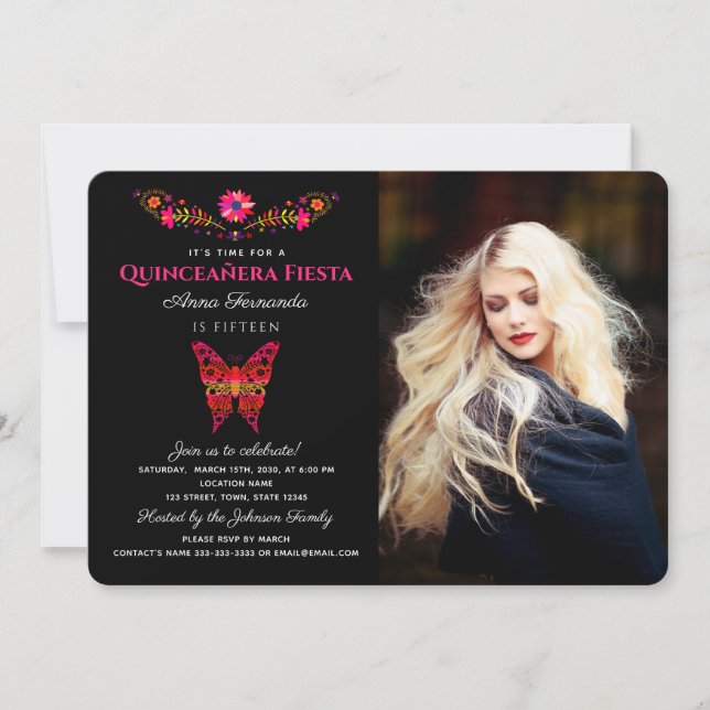 Quinceañera Fiesta Mexicaine Invitation Florale (Devant)