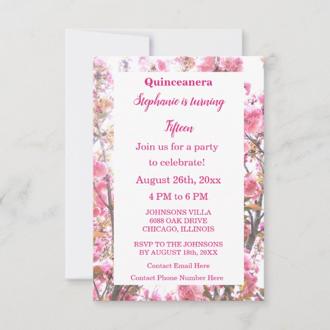 Quinceanera Fifteenth Birthday Pink Cherry Floral Invitation (Front)