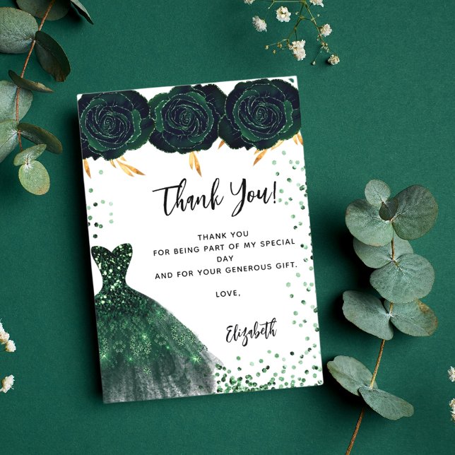 Quinceanera fleurs de robe verte carte de remercie (Créateur téléchargé)
