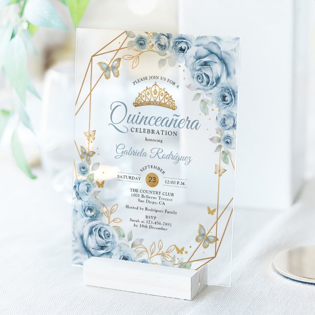 Quinceanera Floral Baby Blue Gold Acrylic Invitations (Creator Uploaded)