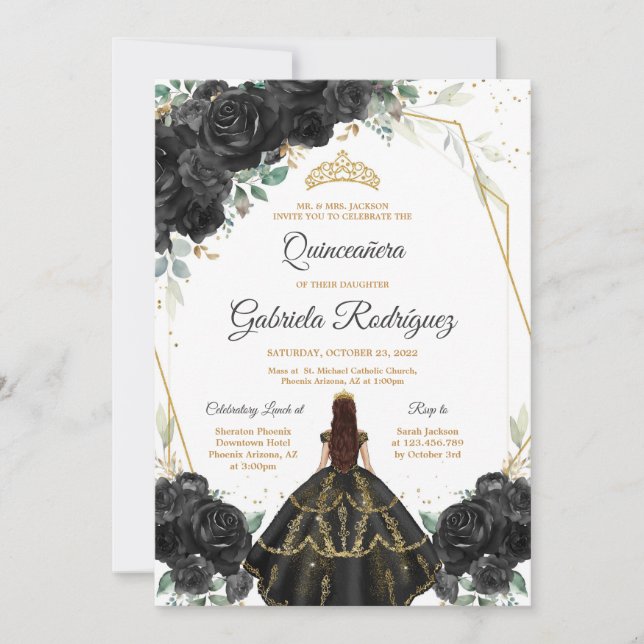Quinceanera Floral Black Gold Invitation (Devant)
