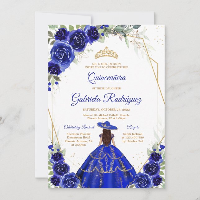 Quinceanera Floral Blue Gold Invitation (Front)