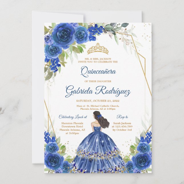 Quinceanera Floral Blue Gold Invitation (Front)