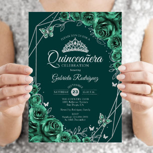Quinceanera Floral Emerald Green Silver Invitation