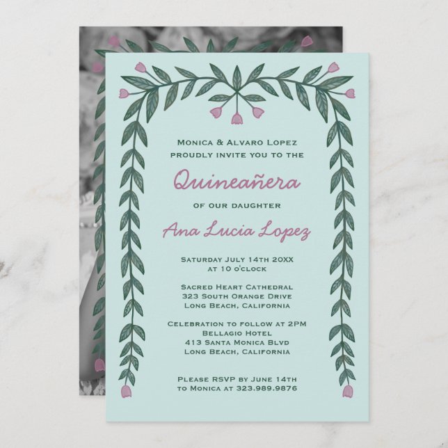 Quinceañera Floral Frame Custom Photo  Invitation (Front/Back)