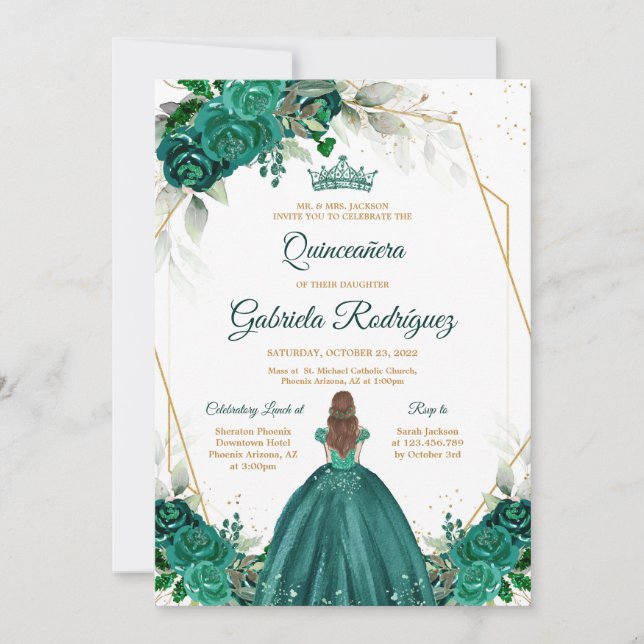 Quinceanera Floral Green Gold Invitation (Front)