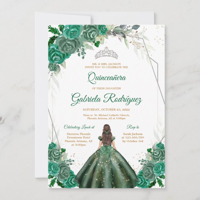 Quinceanera Floral Green Silver Invitation (Front)