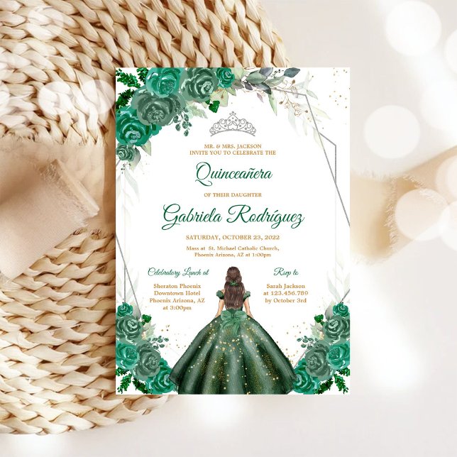Quinceanera Floral Green Silver Invitation (Creator Uploaded)