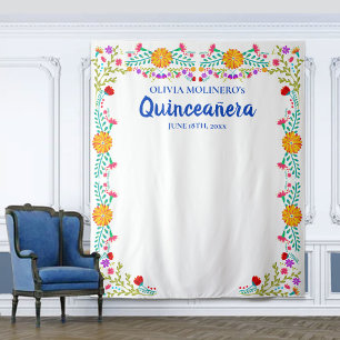 Quinceanera Floral Photo Booth Backdrop Blue White Tapestry